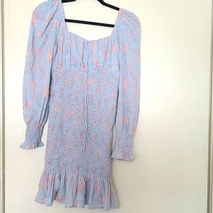 Cistar New York All Over Smocked Floral MiniDress Peasant Blue NWT